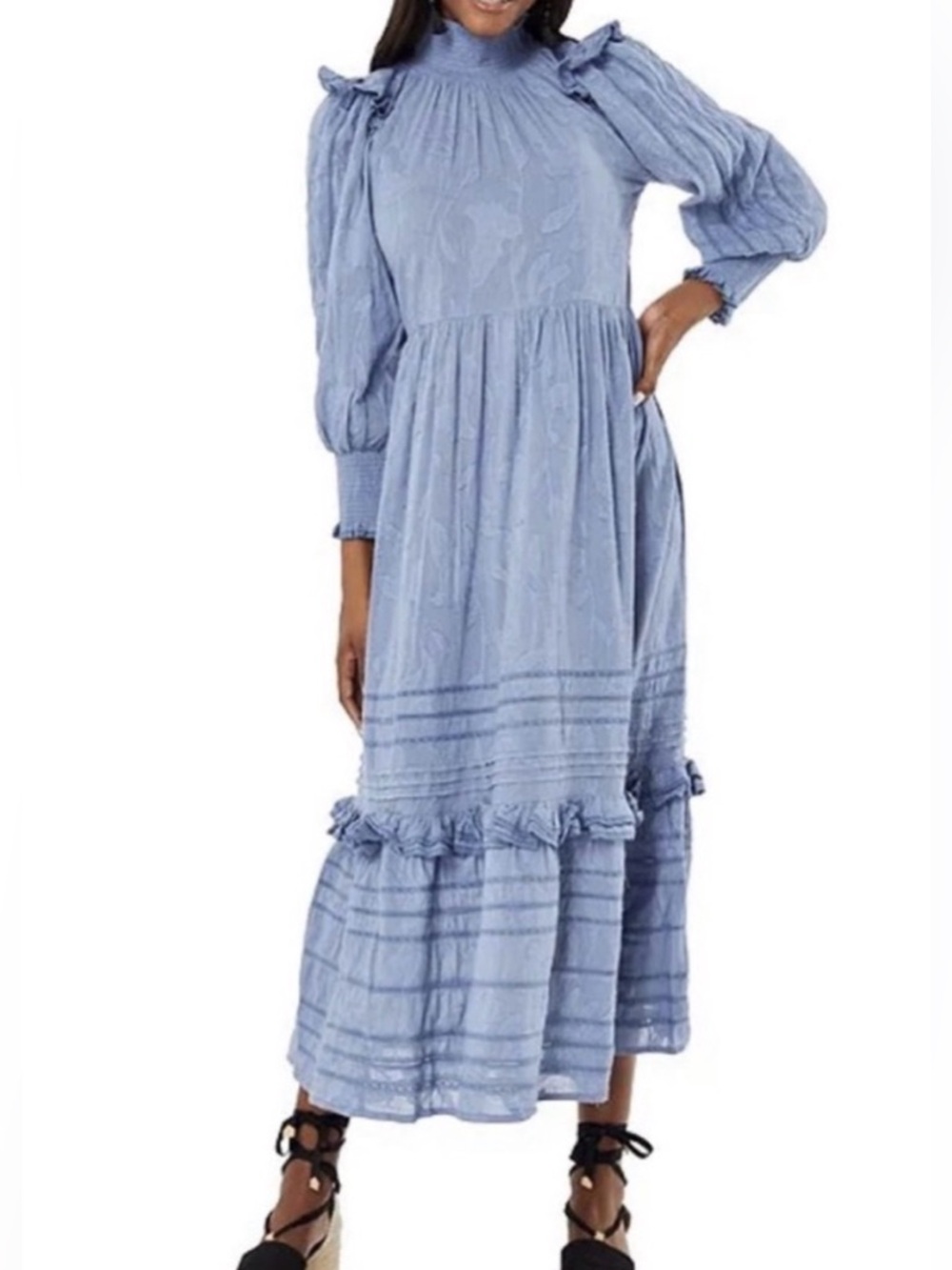 Roller Rabbit coupe Delfia mock neck ruffle shoulder maxi dress size L